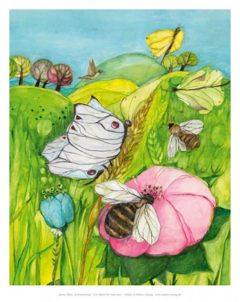 Tischbild Biene, Blüte, Schmetterling